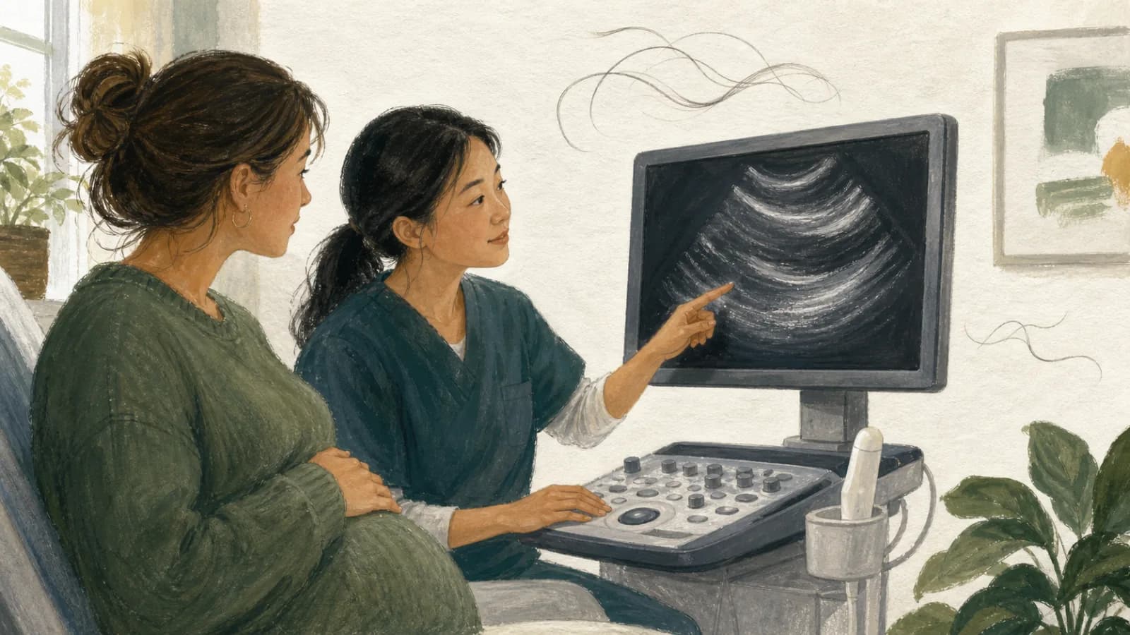 An expectant parent and sonographer looking together at an abstract ultrasound display, with loose pencil lines suggesting the question of hair