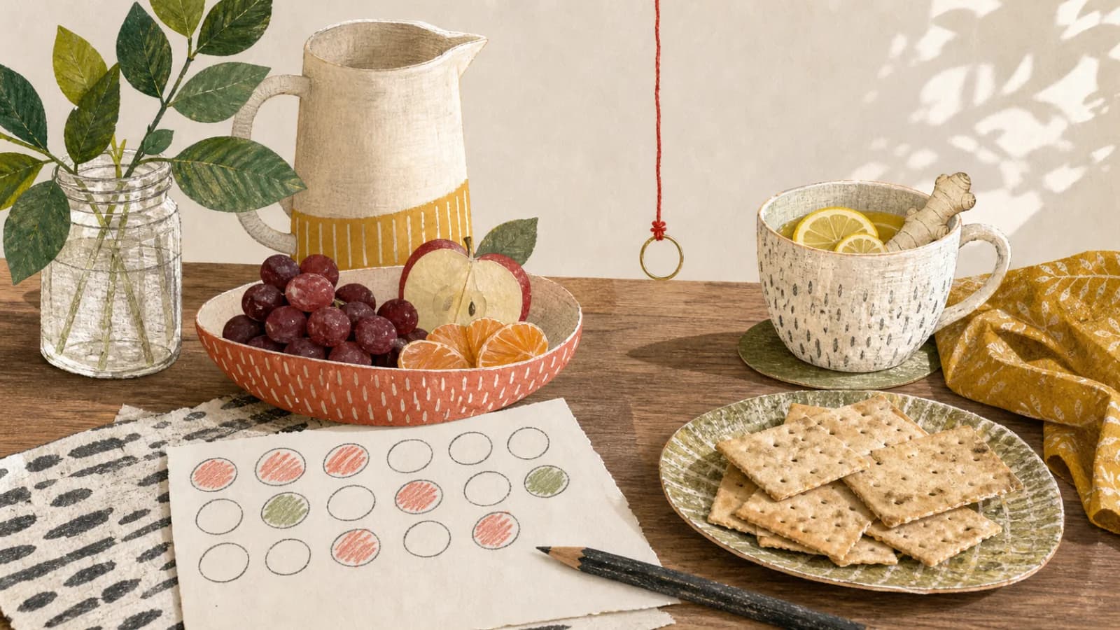 An editorial still life with a ring-on-a-string game, fruit, salty crackers, ginger tea, and a hand-marked calendar representing common pregnancy gender folklore