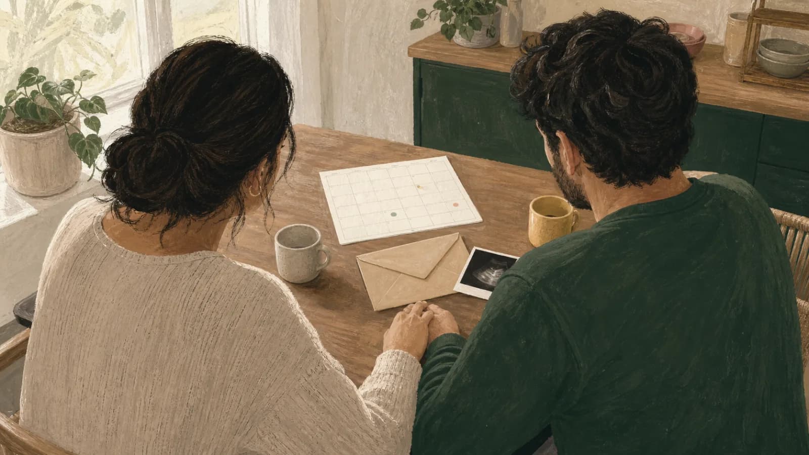 An expectant couple sitting at a table with an ultrasound print, calendar, and sealed results envelope